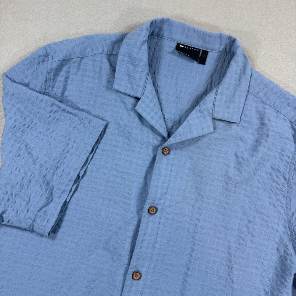 ASOS DESIGN Camp Shirt Mens Large Blue Button Down Seersucker Short Sleeve